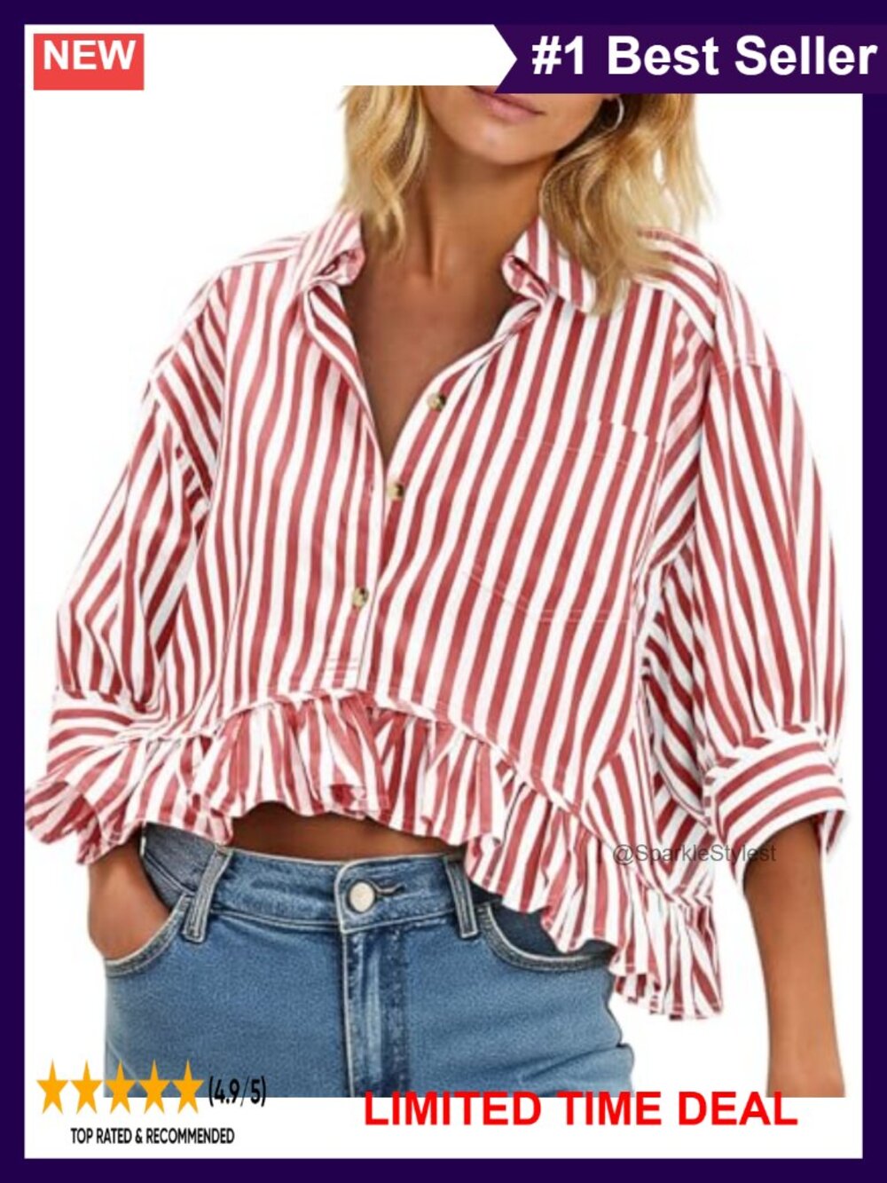 Womens Cropped Striped Button Down Shirt Ruffle 3/4 Sleeve Blouse